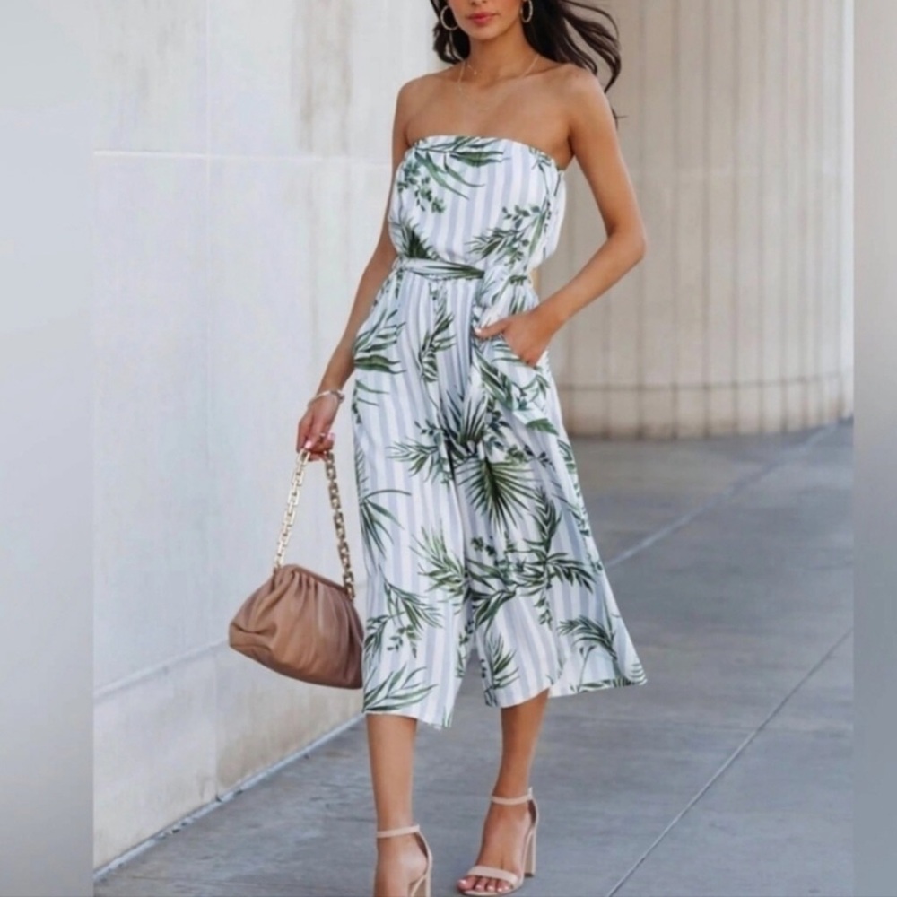 Vici Palm Print Strapless Jumpsuit Small